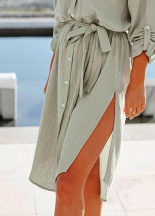 Button Down Tie Waist Shirt Dress - MimiStylez