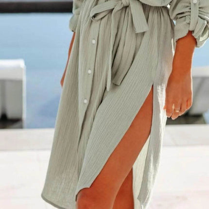 Button Down Tie Waist Shirt Dress - MimiStylez