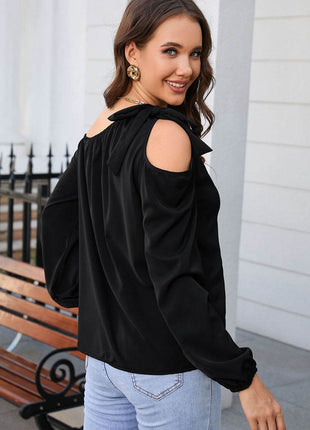 Double Take Tied Asymmetrical Neck Cold-Shoulder Blouse - MimiStylez