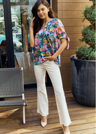 Petal Dew Full Size Floral V-Neck Tie Detail Blouse - MimiStylez
