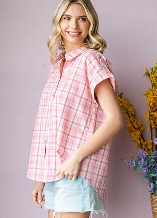 Cotton Bleu by Nu Lab Plaid Collared Neck Short Sleeve Shirt - MimiStylez