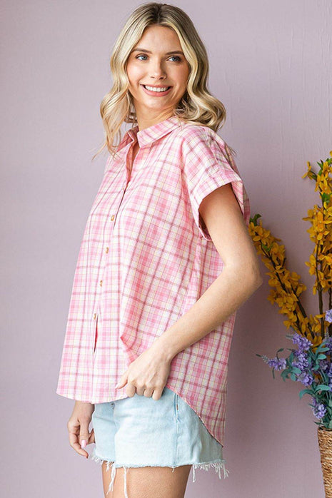 Cotton Bleu by Nu Lab Plaid Collared Neck Short Sleeve Shirt - MimiStylez