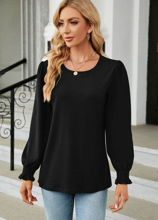 Round Neck Smocked Flounce Sleeve Blouse - MimiStylez