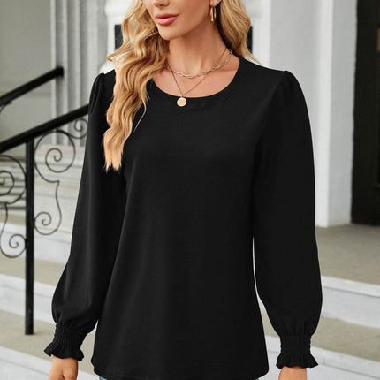 Round Neck Smocked Flounce Sleeve Blouse - MimiStylez