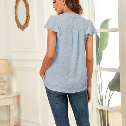 Swiss Dot Notched Cap Sleeve Blouse - MimiStylez