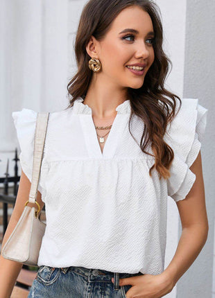 Notched Neck Butterfly Sleeve Blouse - MimiStylez