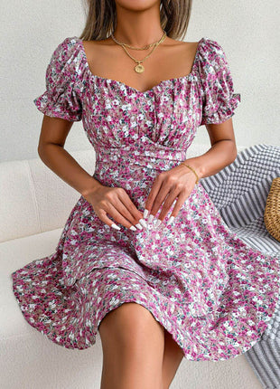 Floral Sweetheart Neck Flounce Sleeve Mini Dress - MimiStylez