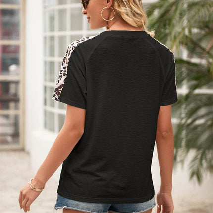 Pocketed Leopard Round Neck Short Sleeve T-Shirt - MimiStylez