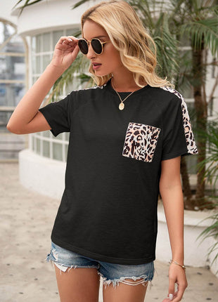 Pocketed Leopard Round Neck Short Sleeve T-Shirt - MimiStylez
