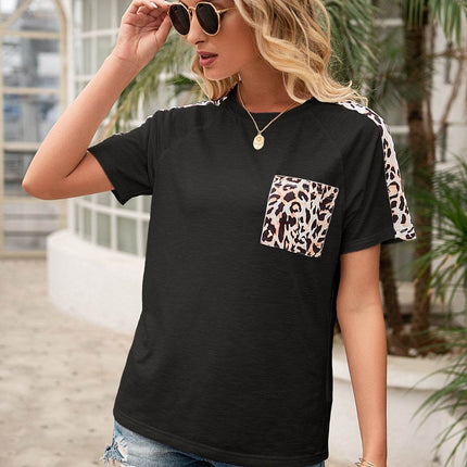 Pocketed Leopard Round Neck Short Sleeve T-Shirt - MimiStylez