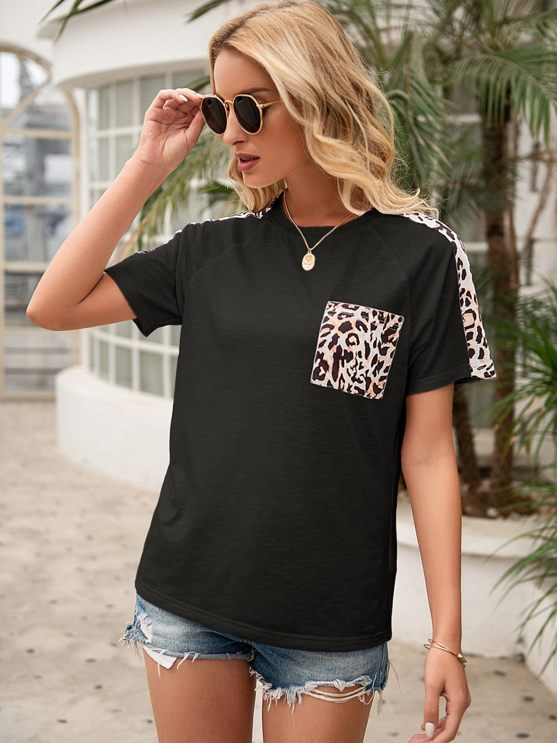 Pocketed Leopard Round Neck Short Sleeve T-Shirt