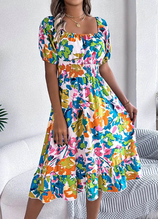 Ruffled Hem Smocked Floral Short Sleeve Midi Dress - MimiStylez