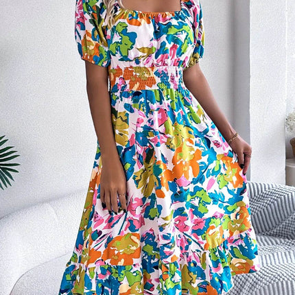 Ruffled Hem Smocked Floral Short Sleeve Midi Dress - MimiStylez