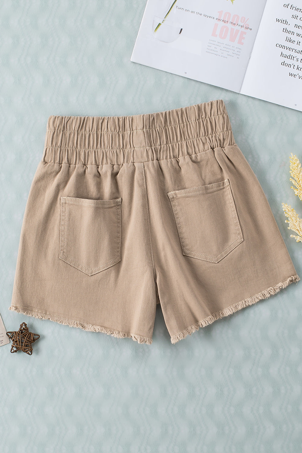 Khaki Smocked Elastic High Waist Casual Shorts