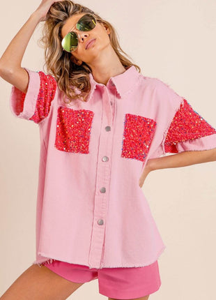 BiBi Sequin Detail Raw Hem Short Sleeve Shirt - MimiStylez