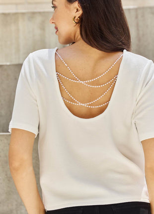 And The Why Pearly White Full Size Criss Cross Pearl Detail Open Back T-Shirt - MimiStylez
