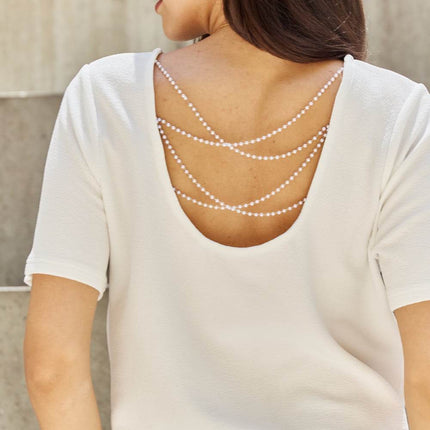 And The Why Pearly White Full Size Criss Cross Pearl Detail Open Back T-Shirt - MimiStylez