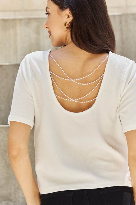 And The Why Pearly White Full Size Criss Cross Pearl Detail Open Back T-Shirt - MimiStylez