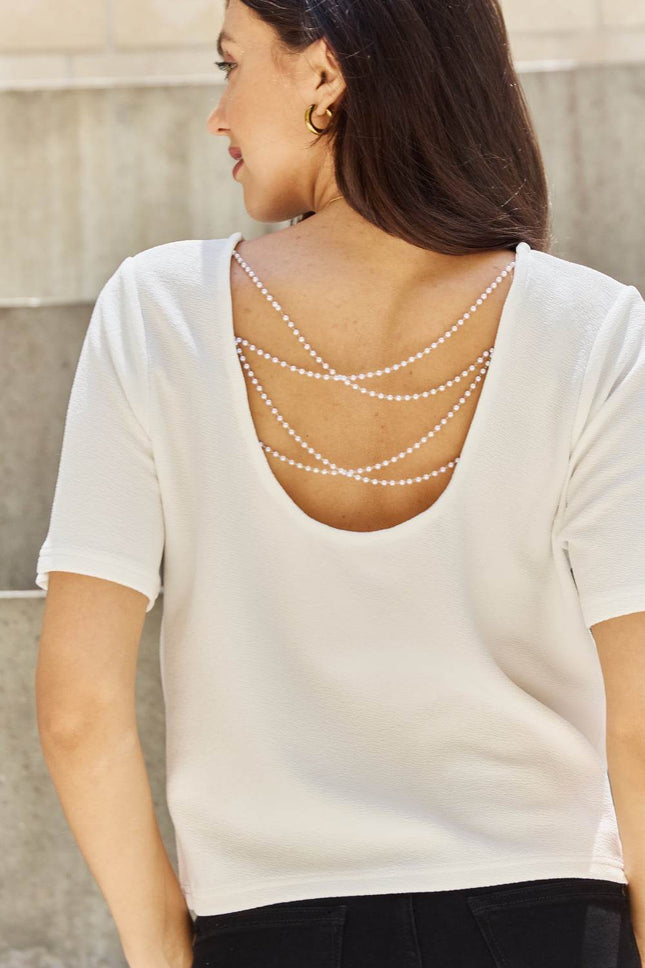 And The Why Pearly White Full Size Criss Cross Pearl Detail Open Back T-Shirt - MimiStylez