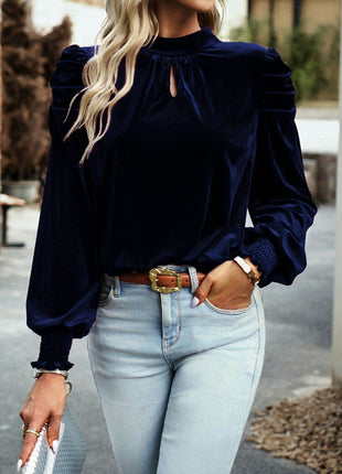 Tie Up Mock Neck Velvet Fabric Long Sleeve Blouse - MimiStylez