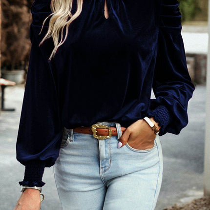 Tie Up Mock Neck Velvet Fabric Long Sleeve Blouse - MimiStylez