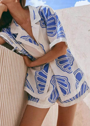 Printed Button Up Shirt and Shorts Set - MimiStylez