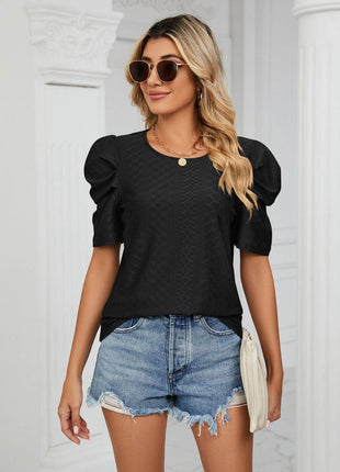 Eyelet Puff Sleeve Round Neck Blouse - MimiStylez