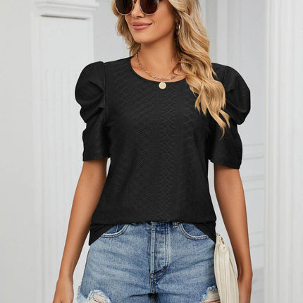 Eyelet Puff Sleeve Round Neck Blouse - MimiStylez