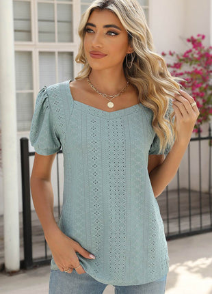 Eyelet Puff Sleeve T-Shirt - MimiStylez