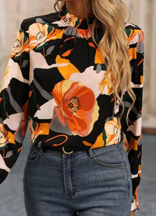 Floral Mock Neck Flounce Sleeve Blouse - MimiStylez