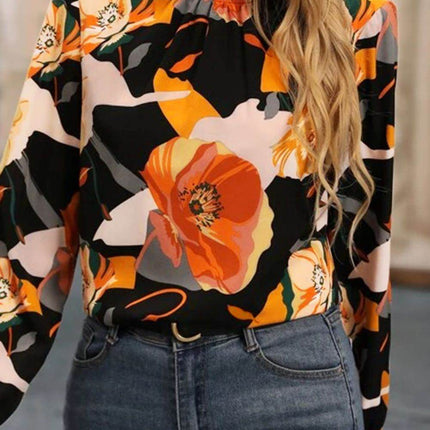 Floral Mock Neck Flounce Sleeve Blouse - MimiStylez