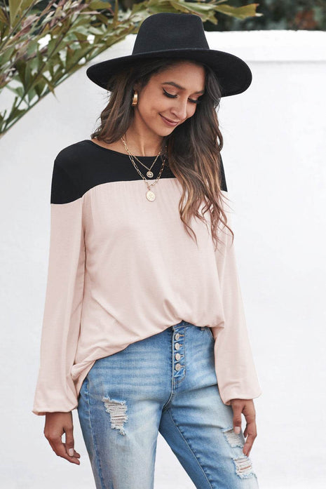 Contrast Balloon Sleeve Blouse - MimiStylez