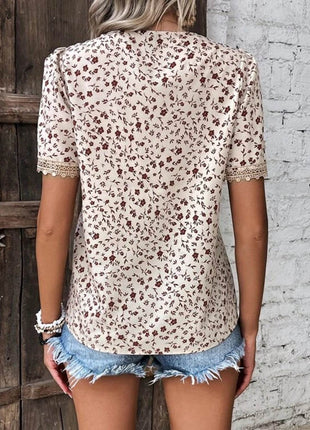 Full Size Printed V-Neck Short Sleeve Blouse - MimiStylez