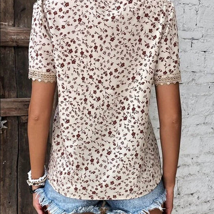 Full Size Printed V-Neck Short Sleeve Blouse - MimiStylez