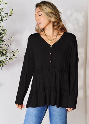 Double Take Half Button Long Sleeve Ruffle Hem Blouse - MimiStylez
