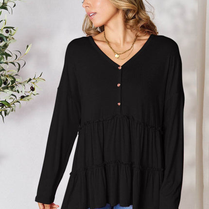 Double Take Half Button Long Sleeve Ruffle Hem Blouse - MimiStylez