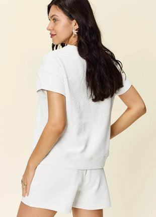 Double Take Full Size Texture Short Sleeve T-Shirt and Drawstring Shorts Set - MimiStylez