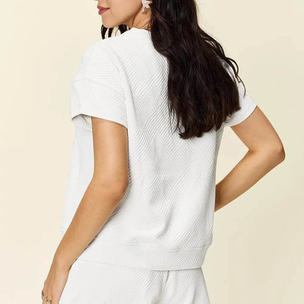 Double Take Full Size Texture Short Sleeve T-Shirt and Drawstring Shorts Set - MimiStylez