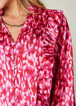 Double Take Full Size Printed Ruffle Trim Balloon Sleeve Shirt - MimiStylez