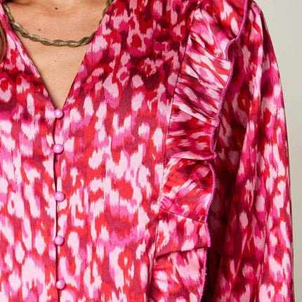 Double Take Full Size Printed Ruffle Trim Balloon Sleeve Shirt - MimiStylez