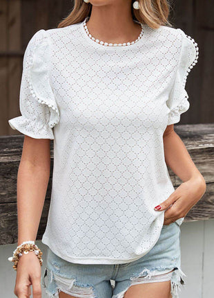 Pom Pom Detail Openwork Flounce Sleeve Blouse - MimiStylez