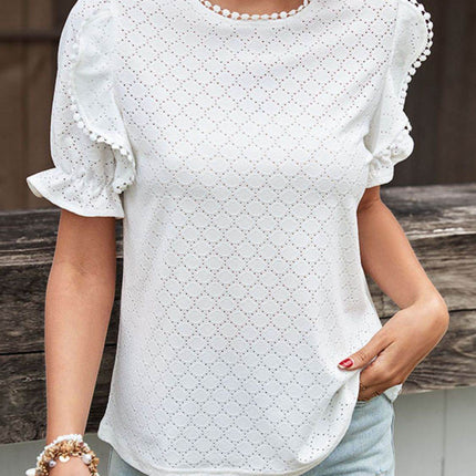 Pom Pom Detail Openwork Flounce Sleeve Blouse - MimiStylez