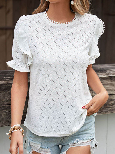 Pom Pom Detail Openwork Flounce Sleeve Blouse - MimiStylez