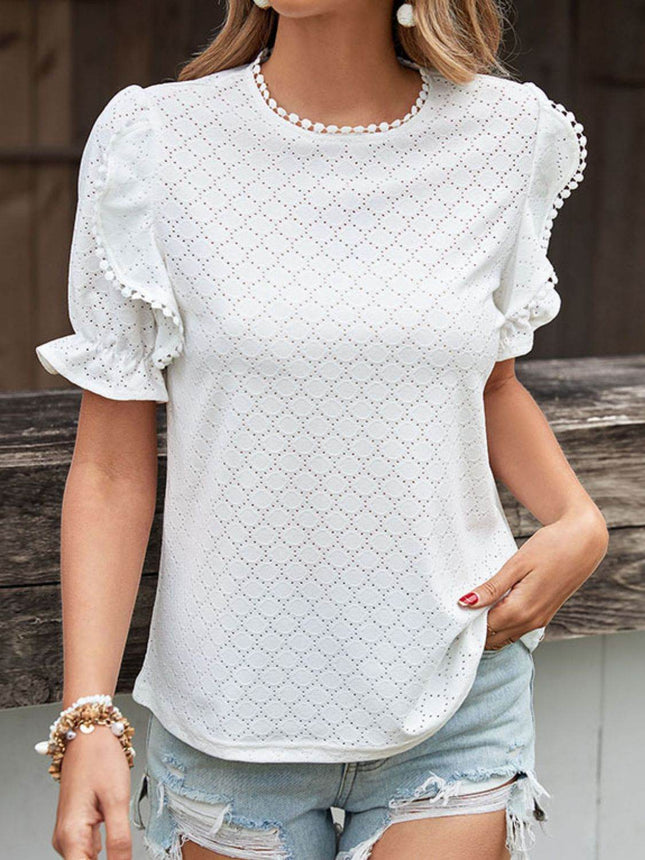 Pom Pom Detail Openwork Flounce Sleeve Blouse - MimiStylez