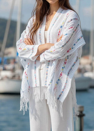 Openwork Fringe Open Front Knit Cape - MimiStylez