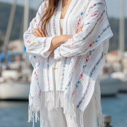 Openwork Fringe Open Front Knit Cape - MimiStylez