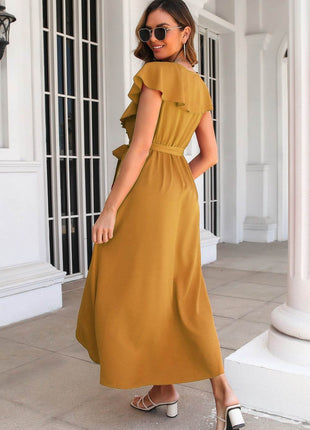 Ruffled Surplice Tie Waist Slit Midi Dress - MimiStylez