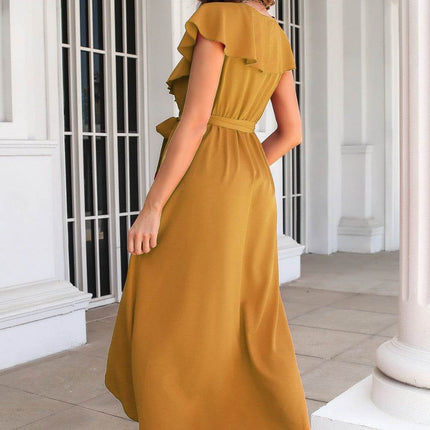 Ruffled Surplice Tie Waist Slit Midi Dress - MimiStylez
