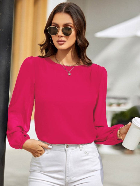 Round Neck Long Sleeve Blouse - MimiStylez