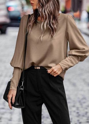 Round Neck Lantern Sleeve Blouse - MimiStylez